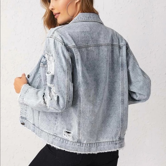 SHEIN Blue Ripped Denim Jacket - Picture 2 of 9